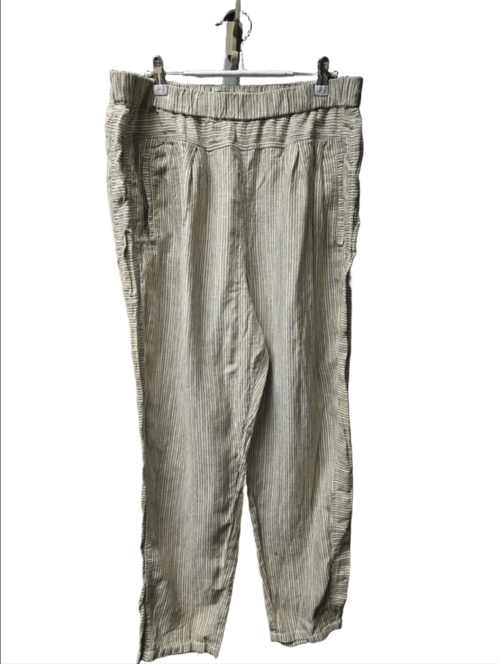 Anthropologie Womens Olive White Stripe 100%Linen Pull On Casual Ankle Pants SzL